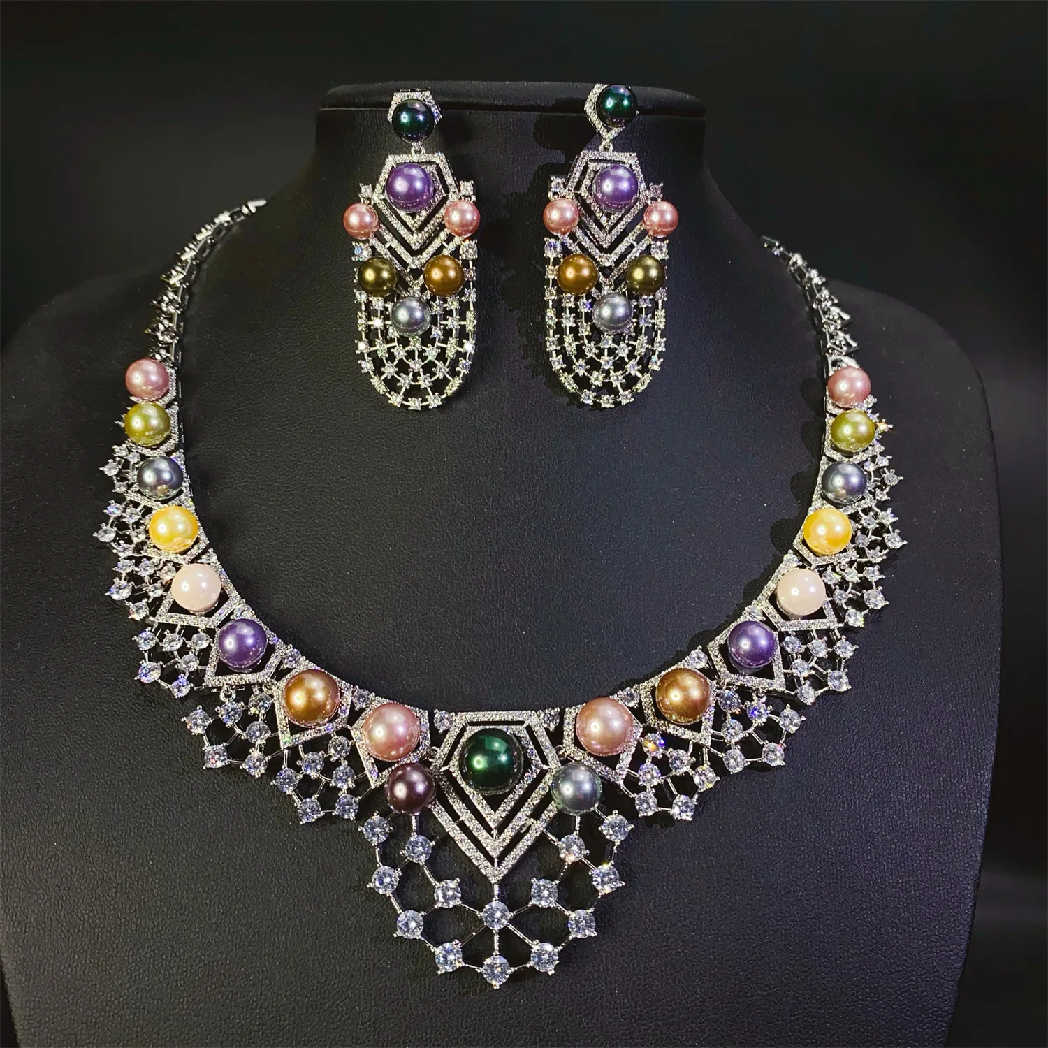 

classy jewelry sets necklace earrings pearls colorful shiny zirconia wedding bride dinner party anniversary gift women
