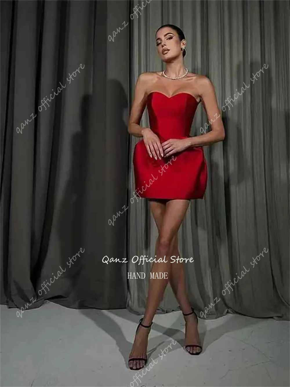 Qanz Short Evening Dresses Red Satin Sexy Prom Gowns Sweetheart Mini Club Party Dresses Vestidos De Gala 2024 Customized