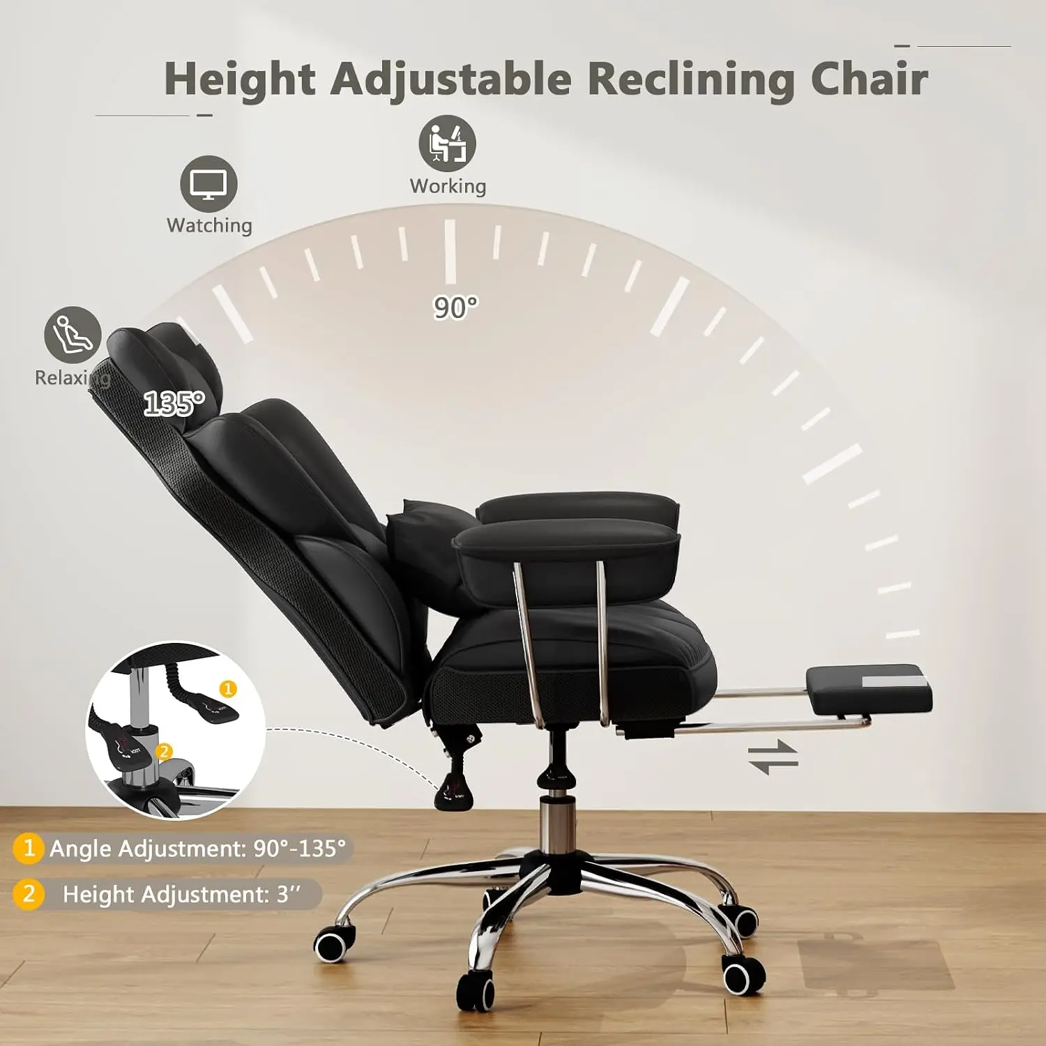 Large Executive Office Chair with Foot Rest & Lumbar Support, High Back Leather Swivel , Black, Customized