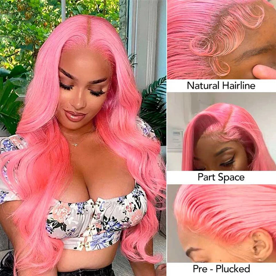 Onda do corpo peruca dianteira do laço para mulheres, perucas de cabelo humano, 13x4 HD transparente laço frontal perucas, rosa claro, densidade