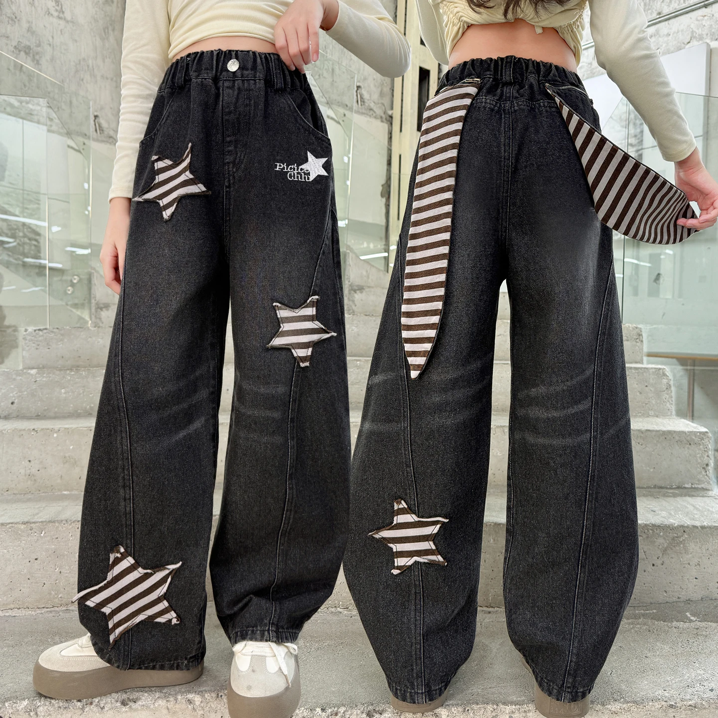 

Luxury Kids New Designer Jeans with Stars For Teenager Girl High Fashion Relaxed Fit Black Denim Pants Children Age 5 to 14 Y