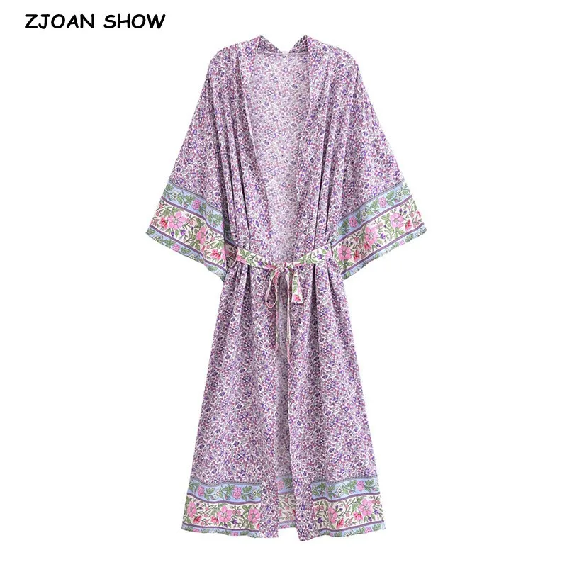 BOHO Lavender Small Flower Print Long Kimono Shirt Ethnic Full Sleeve Tie Bow Sashes Holiday Cardigan Loose Cape Beach