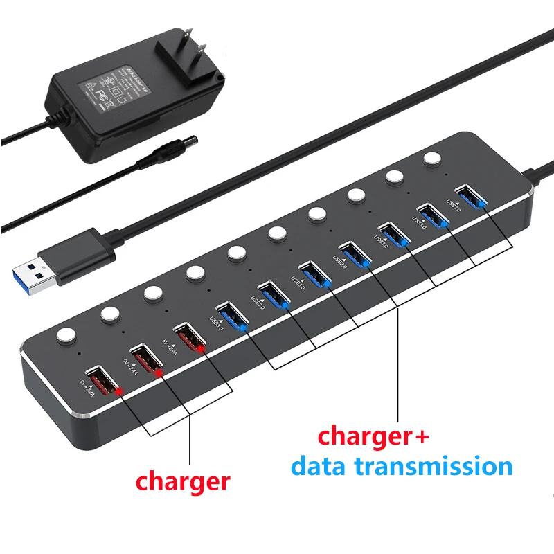 Usb-хаб с адаптером питания, 10 портов, высокоскоростной Usb 3.0, разветвитель зарядного устройства, несколько расширителей 2,0 с переключателем для аксессуаров для ПК