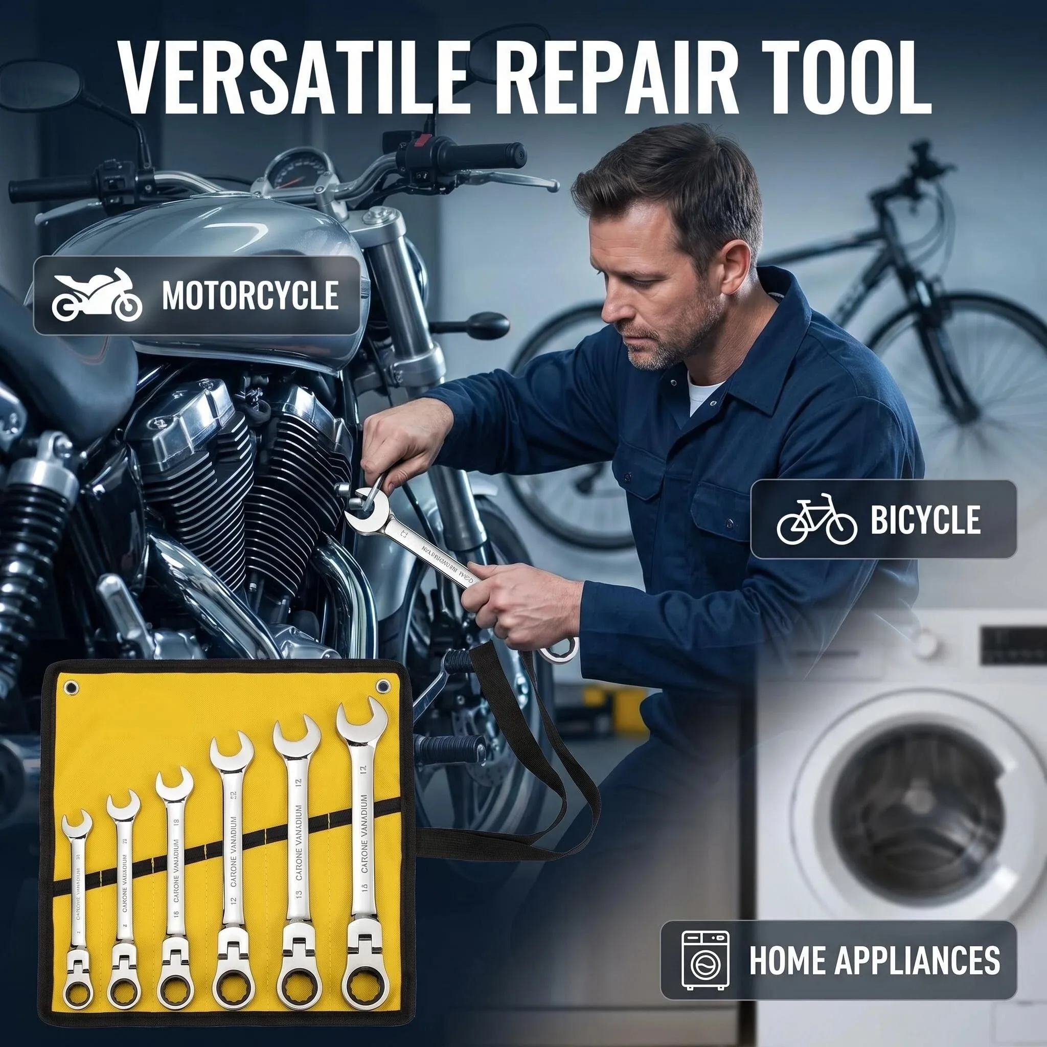 Flex Head Ratcheting Wrench Set, 6-Piece Metric 6-14mm | 72-Tooth CR-V Steel | 180° Pivoting Head with Storage Pouch for Bike, Motorcycle & Appliance Repair