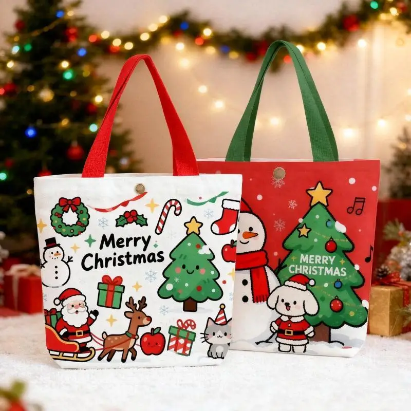 Christmas Canvas Tote Gift Bags Snowman Santa Claus Pattern Reusable for Winter Holiday Shopping Presents
