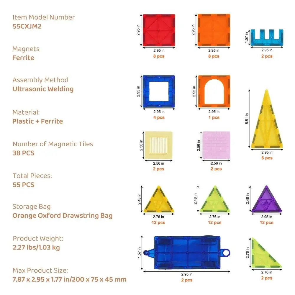 Magnetische Bausteine 55 Stück – 3D-Magnetblöcke, Spielzeug für Kinder, kreatives STEM-Lernen und lustiges Spielen