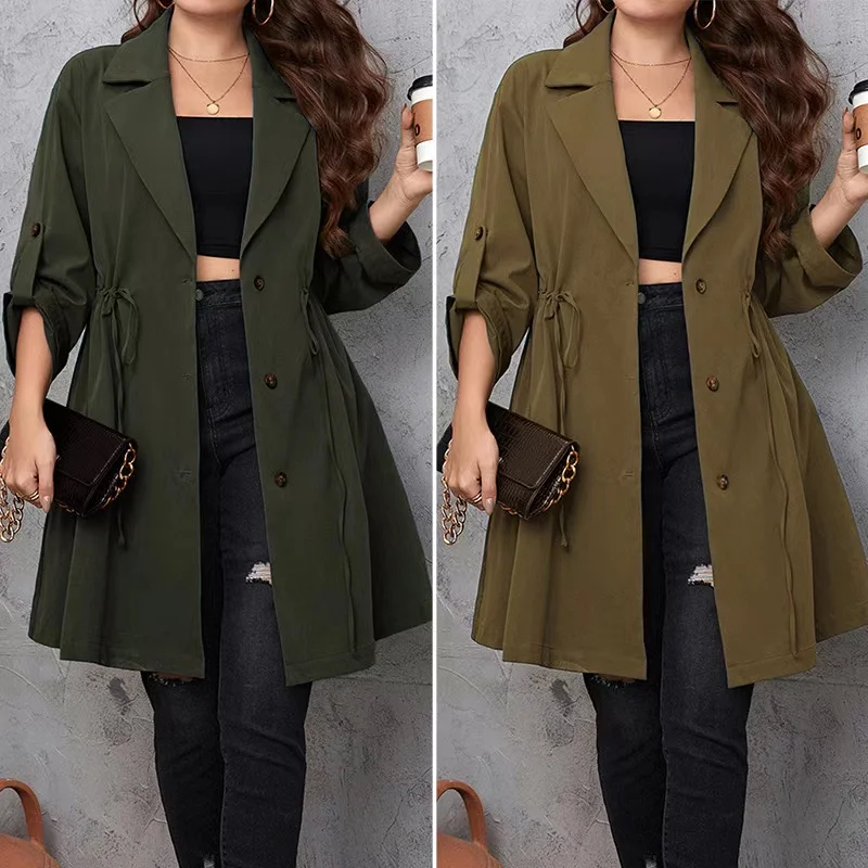 

GIBSIE Plus Size Solid Notched Neck Trench Coat For Women 2023 Spring Fall Casual Drawstring Waist Female Buttons Long Coats