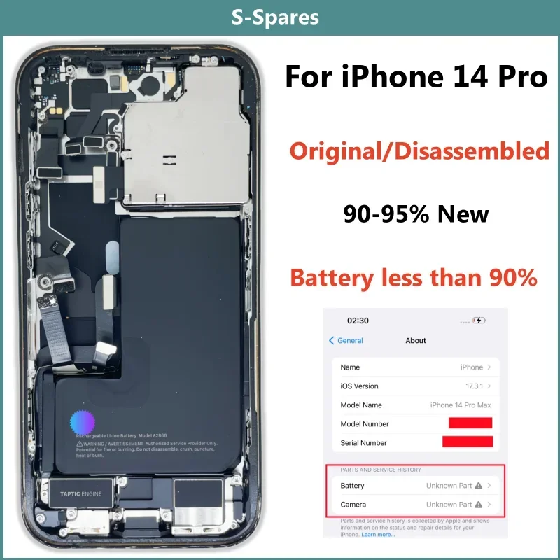 90% New, Original Disassembled Middle Frame Housing Back Cover For iPhone 14 Pro, with Battery Rear Camera Wireless Assembly