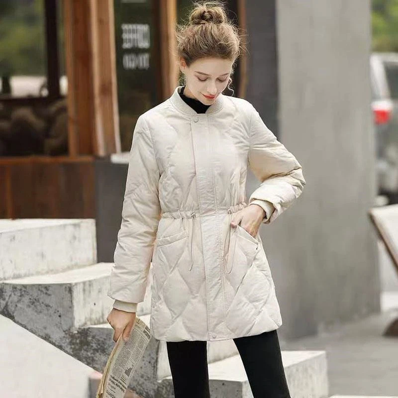 Korean Mid-Length Lightweight Cotton Padded Jacket Women Casual Drawstring Waist Fashion Quilted Coat Elegant Warm Winter Parkas