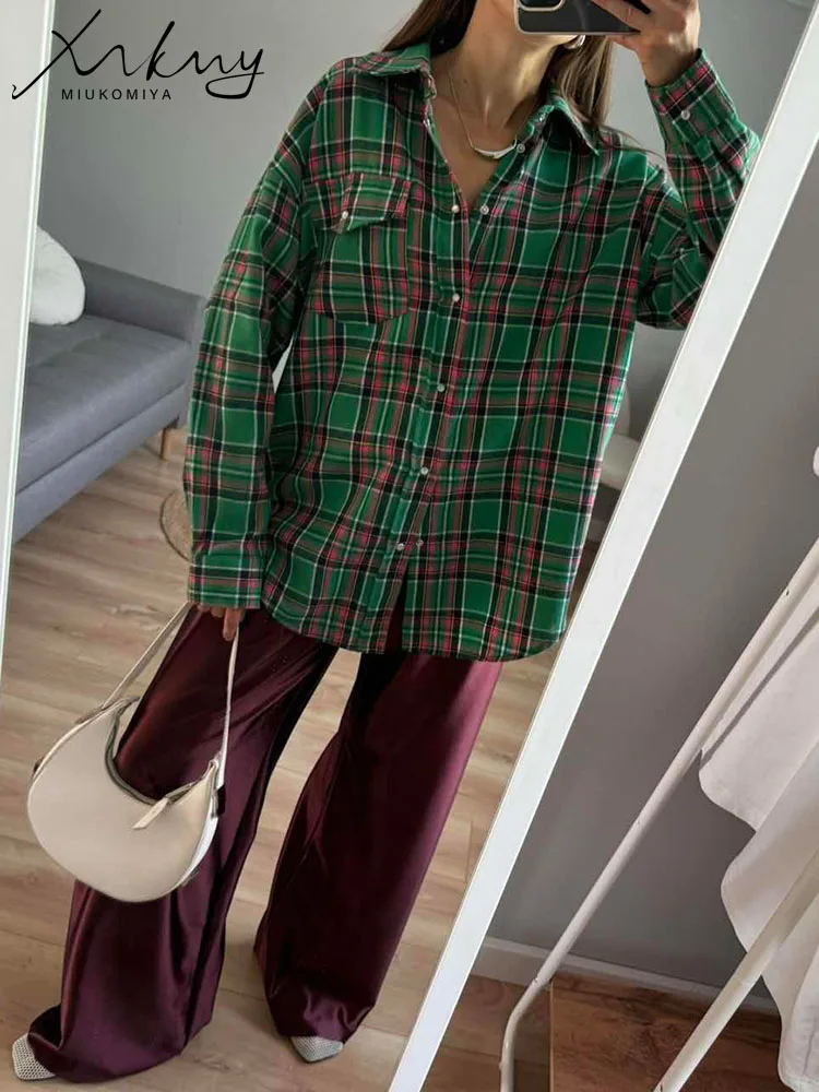 MiuKoMiYa Green Vintage Plaid Shirt Women Oversize Top Long Sleeves Autumn Winter Loose Women's Shirt And Blouses Oversized