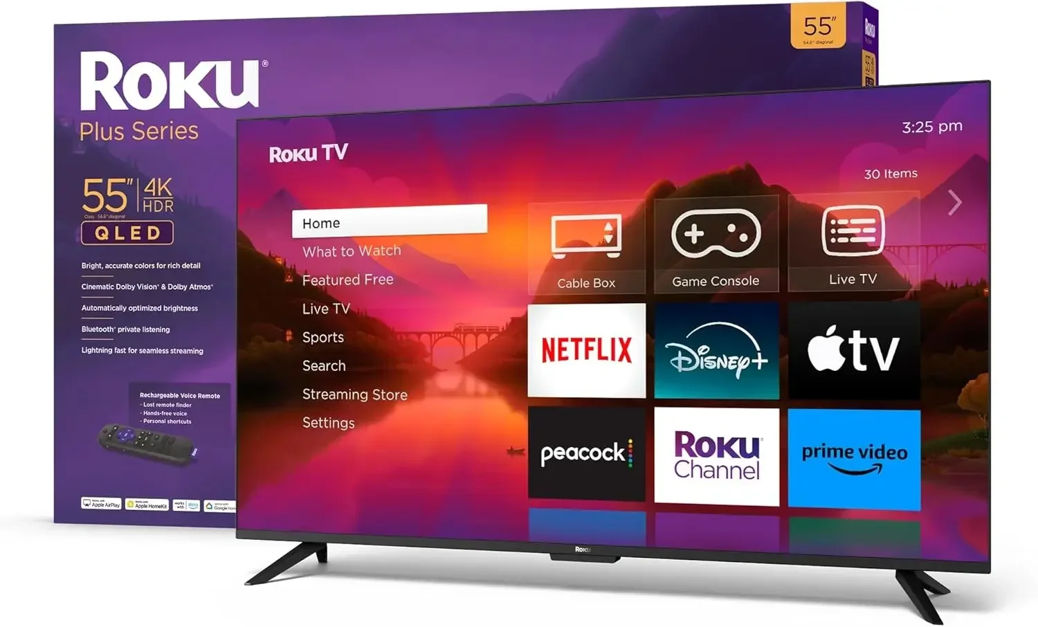 55" Plus Series 4K Dolby Vision HDR10+ QLED Smart RokuTV พร้อม Voice Remote Pro ความละเอียด 4K ที่โดดเด่น ความสว่างอัตโนมัติ