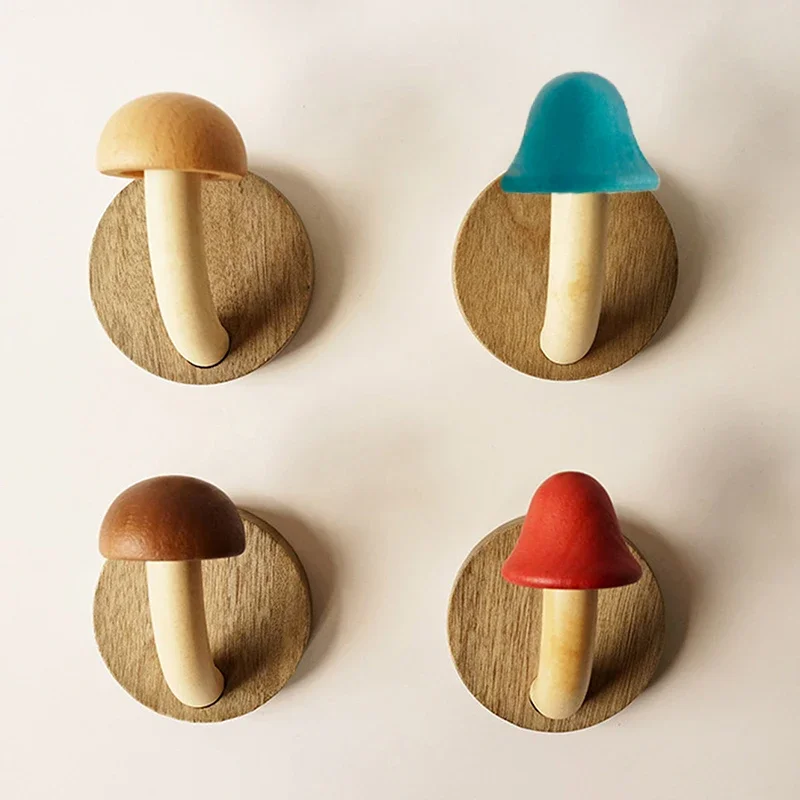 Wooden Mushroom Hook Clothes Hats Holder Non Perforated Solid Nordic Raw Wood Wall Key Hanger Door Storage Hook Home Decoration