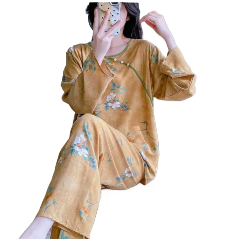 New Chinese Cotton and Silk Long-sleeved Pajamas Women's Spring Summer Thin Loose Loungewear Can Be Worn Outside Underwear Sets
