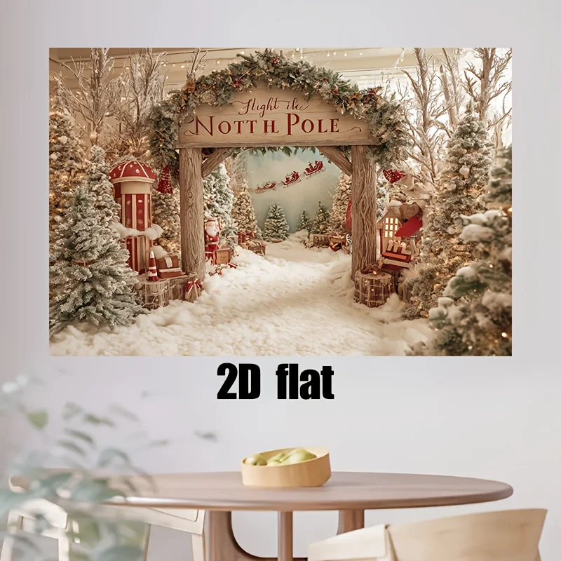 2D flat 1pc winter Wonderland Christmas Arctic Village scene polyester background fabric, Christmas decoration view 5