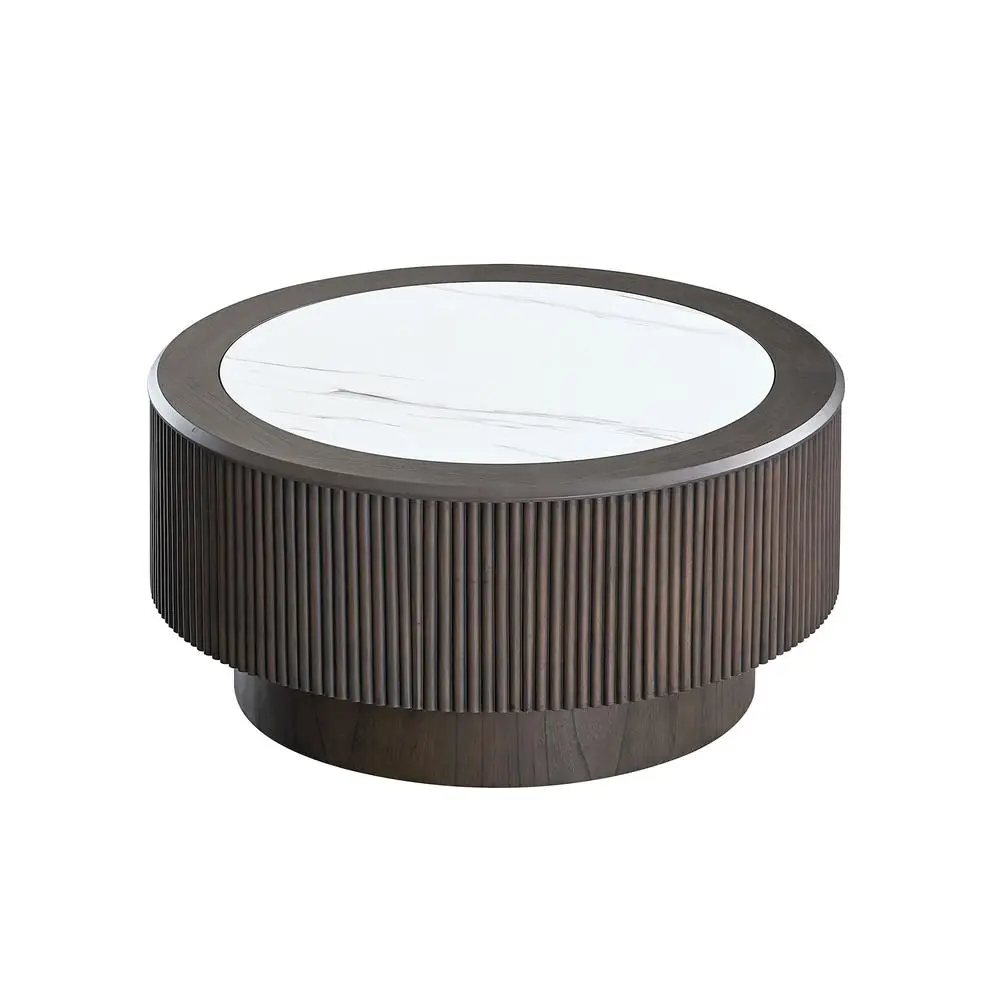 

31.5 Inch Round Faux Marble Coffee Table Dark Brown Pedestal Base Modern Living Room Small Accent Table