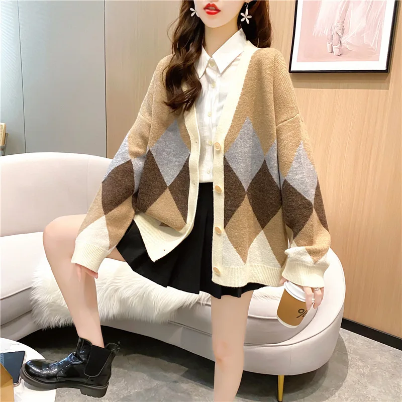 Autumn Knitted Cardigan Women Japanese Loose Oversized Plaid Top Coat Jacket V-neck Single-breasted Sweater Mujer Coat Women