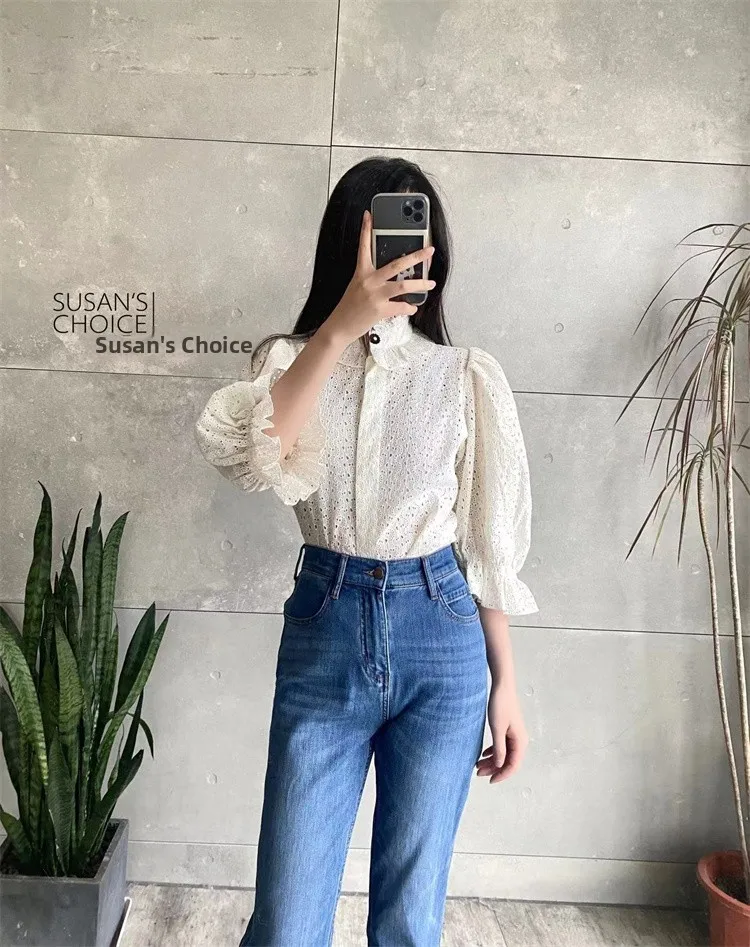 

Susan Faion Classic Pure Cotton Long Sve, белый кружевной воротник, весна-лето, универсальный топ irt для молодых женщин, поездок на работу, сле