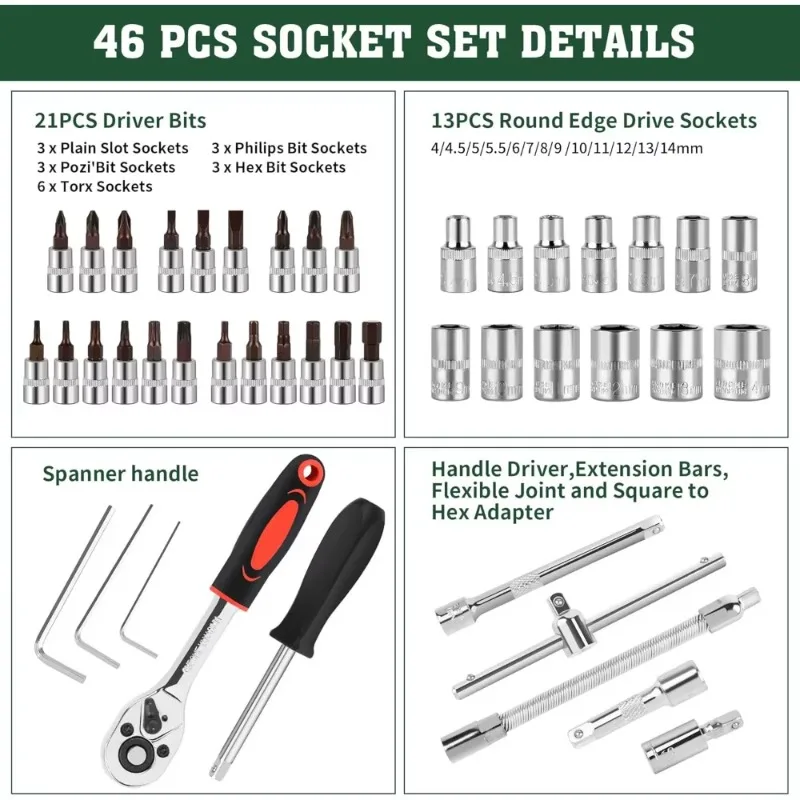 46pcs Flexible Extention Socket Set 1/4