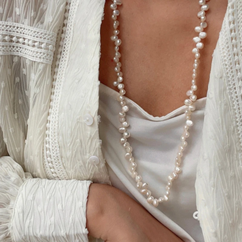 

HENGSHENG 80cm Long Chain Necklace For Women Freshwater Natural Baroque Pearls Necklace 5-6mm 925 Sterling Silver Sweater Chain