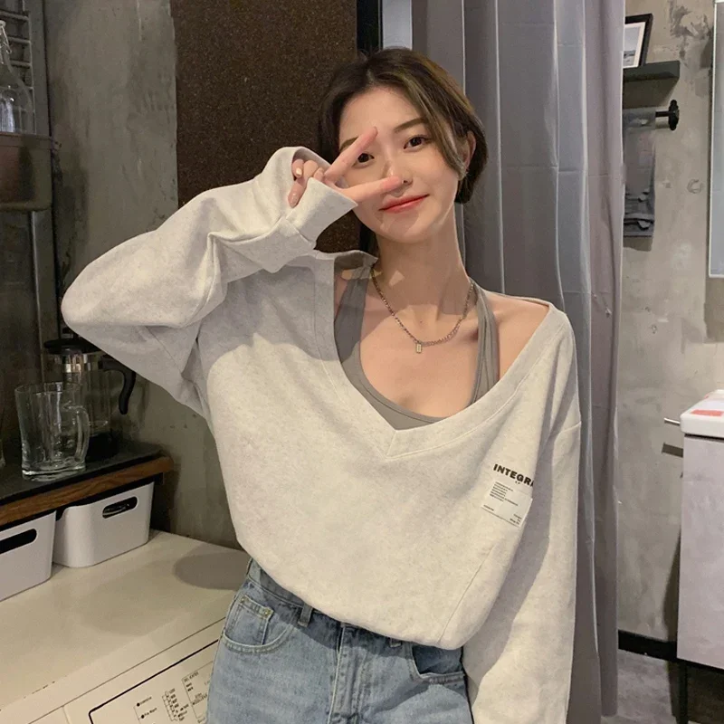 Palsu dua Hoodie pakaian wanita lengan panjang V-neck kasual Fashion Y2k atasan 2023 Ropa Mujer Off Shoulder Korea Y2k kaus