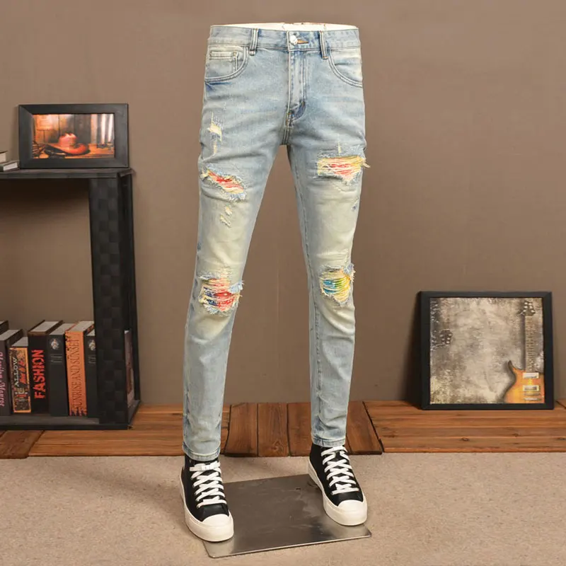 Street Fashion Men Jeans Retro Light Blue Stretch Skinny Fit Ripped Jeans Men Patched Designer Hip Hop Denim Pencil Pants Hombre