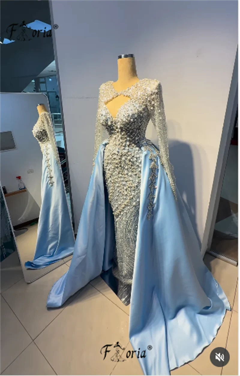 فستان سهرة أنيق بحورية البحر مزين بالخرز الكامل مع تنورة قابلة للفصل باللون الأزرق واللؤلؤ الكريستالي في دبي للحفلات الراقصة رداء السهرة لحفلات الزفاف