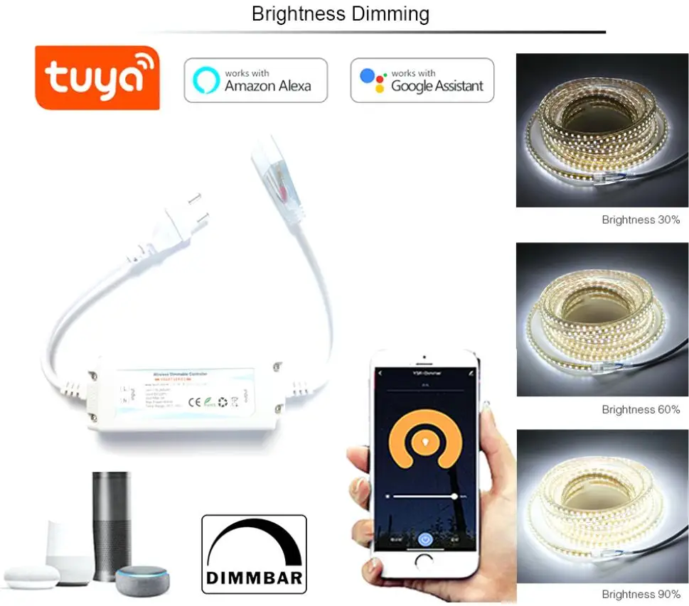 220V 230V Tuya Wifi LED Controller Bianco caldo Singolo colore 5050 3528 LED Striscia flessibile Dimmer Vita intelligente Voce per Alexa Google