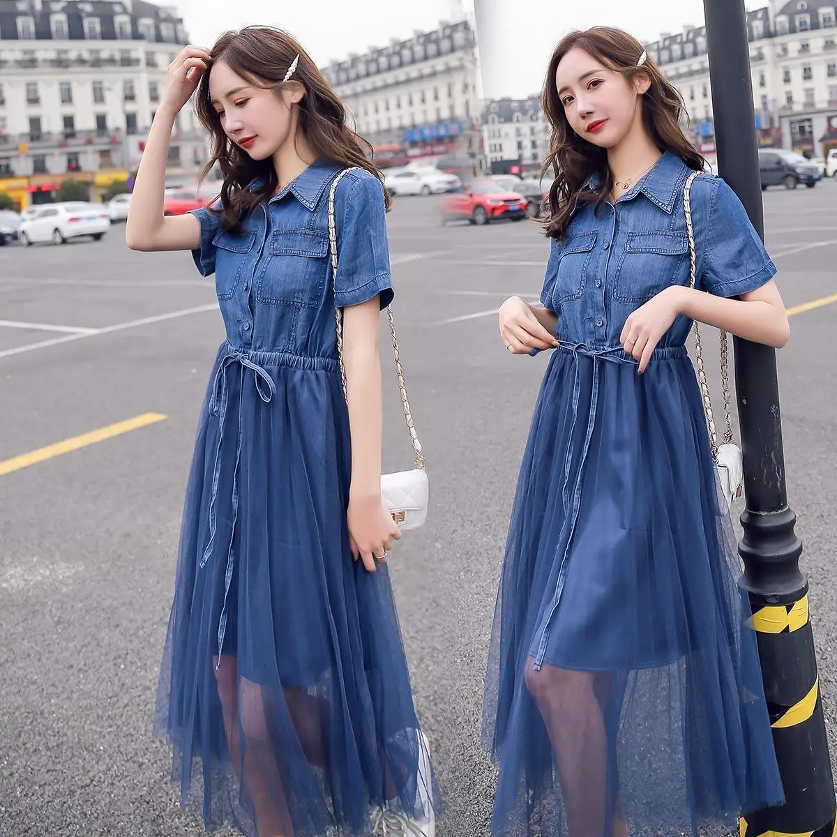 2022 New Summer Women Denim Short Sleeve Shirt Dress Fashion Girls Denim Mesh Patchwork Long Dress French Fashion Gauze Skirt