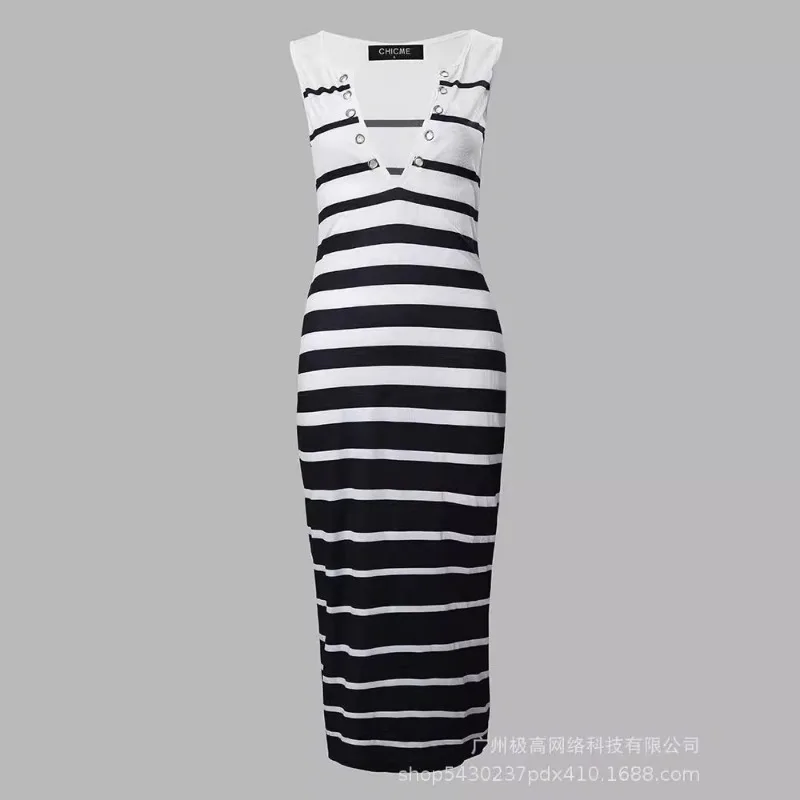 Summer New Women\'s Clothing Black White Striped Sleeveless Sexy Lace-up Tight Dress