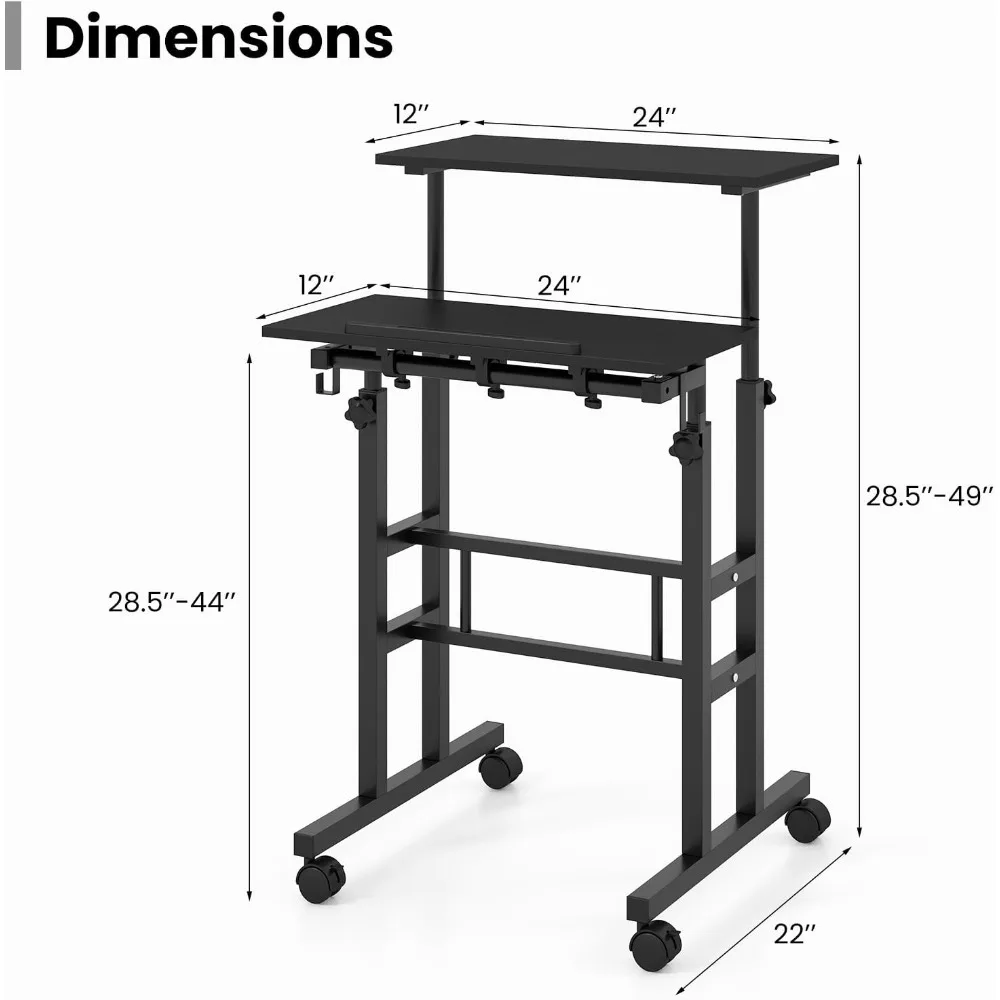 Mobile Standing Desk, Height-Adjustable Laptop Podium Cart with Tilting Tabletop & Adjustable Angle, Rolling Stand Up