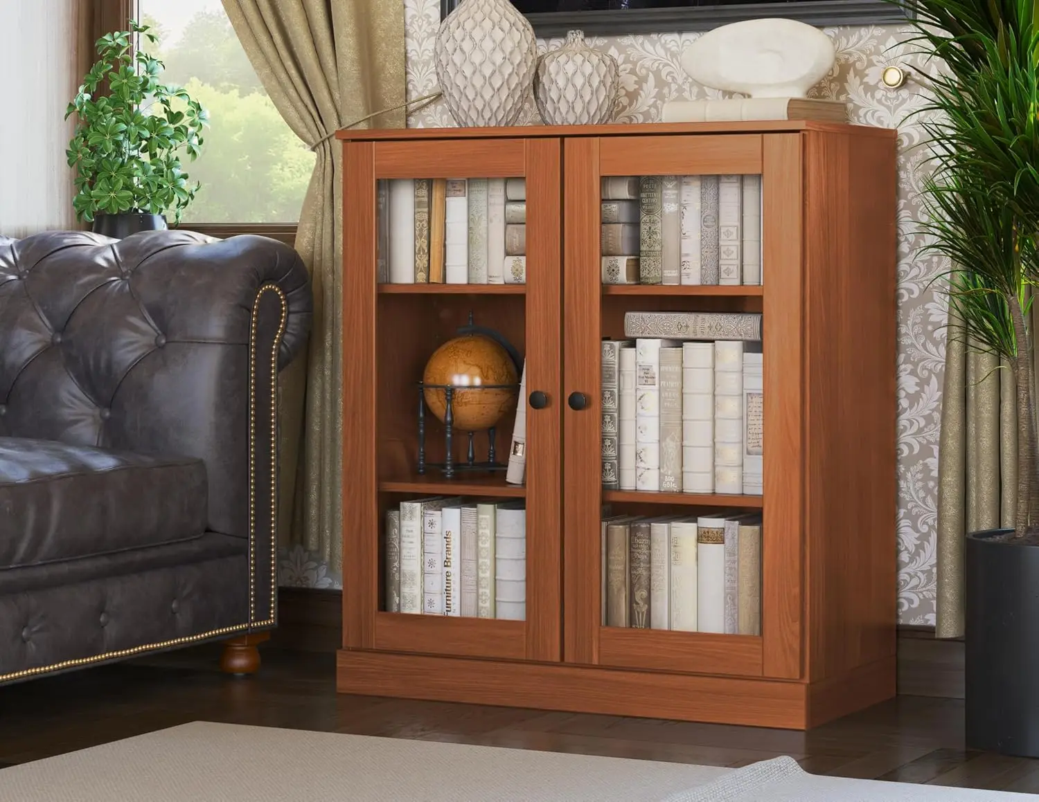 Solid Wood Bookcase Shelf Cabinet with Glass Doors & Adjustable Shelves Small Display Storage Modular 32
