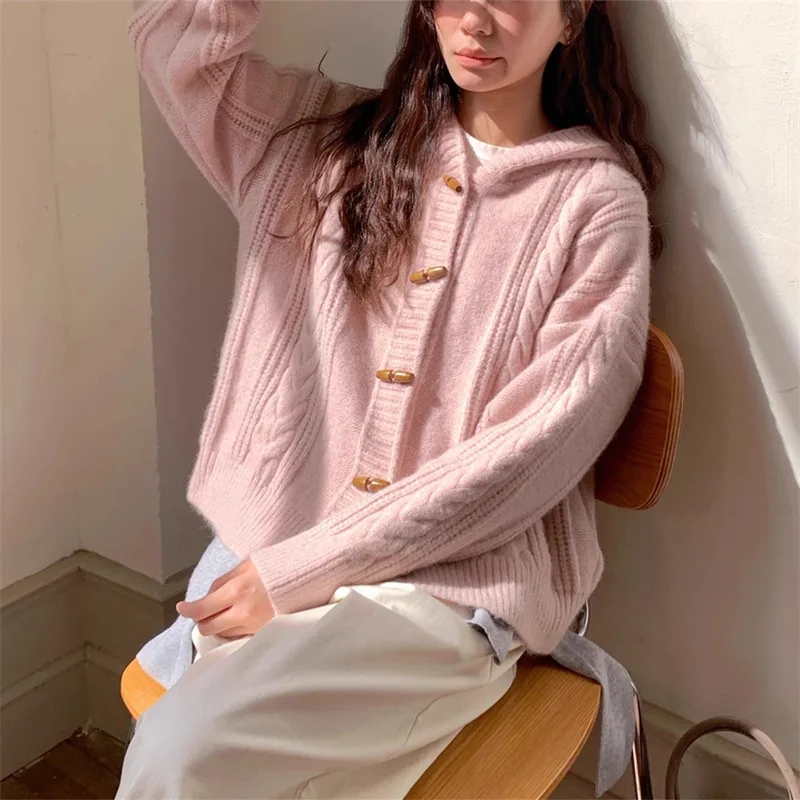 

Spring Autumn Clothes Woman Hooded Buttons Knitwear Top Woolen Women's Sweater Jacket Knitting Female Cardigan Coat