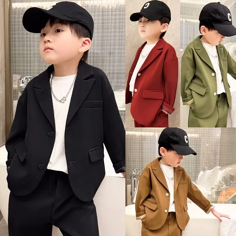 Newborn Baby Boys Jacket Pants Necklace 3PS Photograph Suit Children Wedding Performance Party Dress School Kids Performance Set