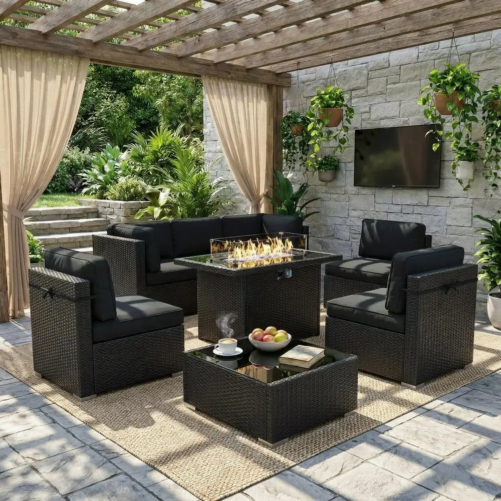 

8 Piece Patio urniture Set with 44" Propane Gas ire Pit Table, Outdoor Sectional Contion Set Wicker Rattan Soa Set with Coee Tab