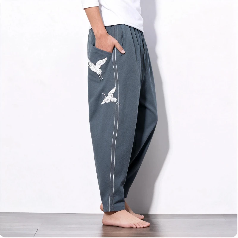 

Summer HAFU Pants Japanese Style Crane Kimonos Harajuku Yukata Beam Feet Harem Pants Youth Men Asian Japan Print Male Costume