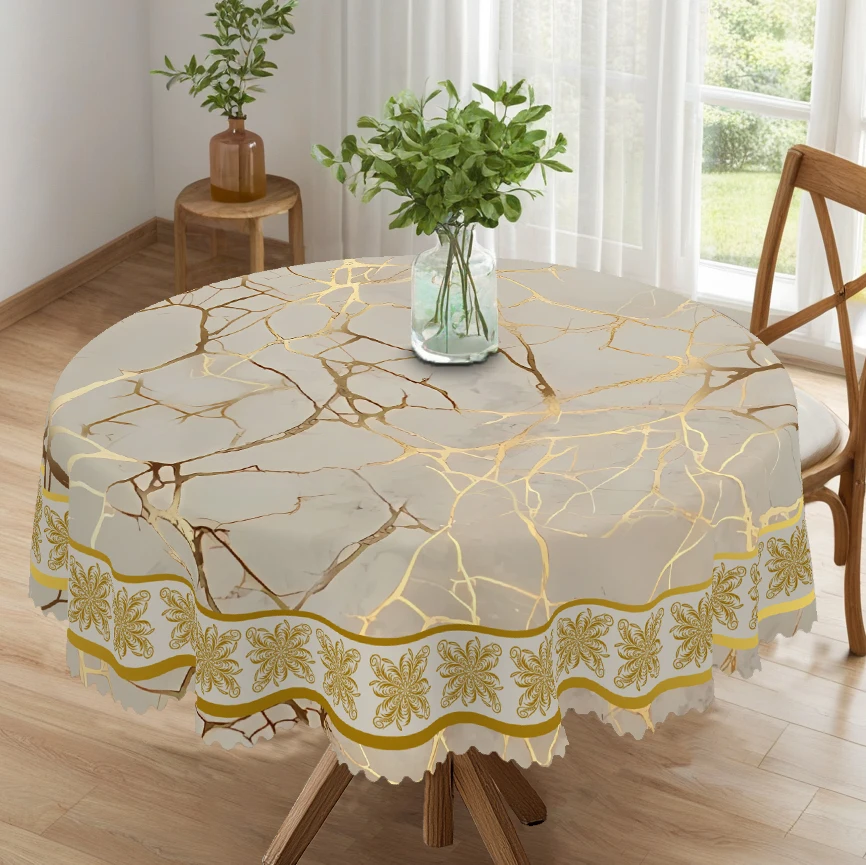 1 Stück elegante, runde Tischdecke mit Marmormuster, erhältlich in 5 Größen, warmes Marmormuster mit aufgedrucktem Design, quadratische Tischdecke mit geprägten Kanten, Gartentischdecke zur