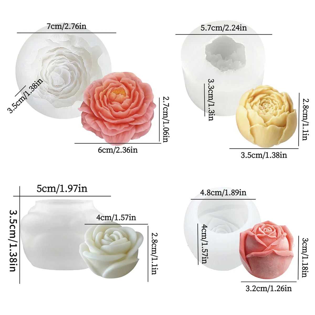 4pcs Floral Mold Set - Peony, Rose, Flower Bud & Layered Blooms with Leafy Stems - Non-Stick Silicone Craft Molds for Candle