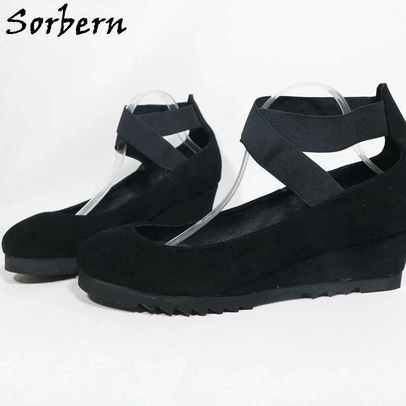 Sorbern Unique Plus Size Eu47 Women Shoes Low Wedge Heels Elastic Cross Strap Round Toe Thick Rubber Soles Unisex Style Pump