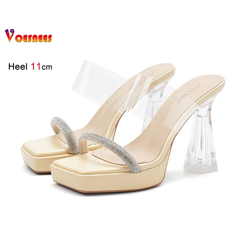 

Summer Casual Party Lady Slippers Fashion High Heels Women's Slippers Rhinestone One Word Strap Coarse Heel Thick Soled Sandals