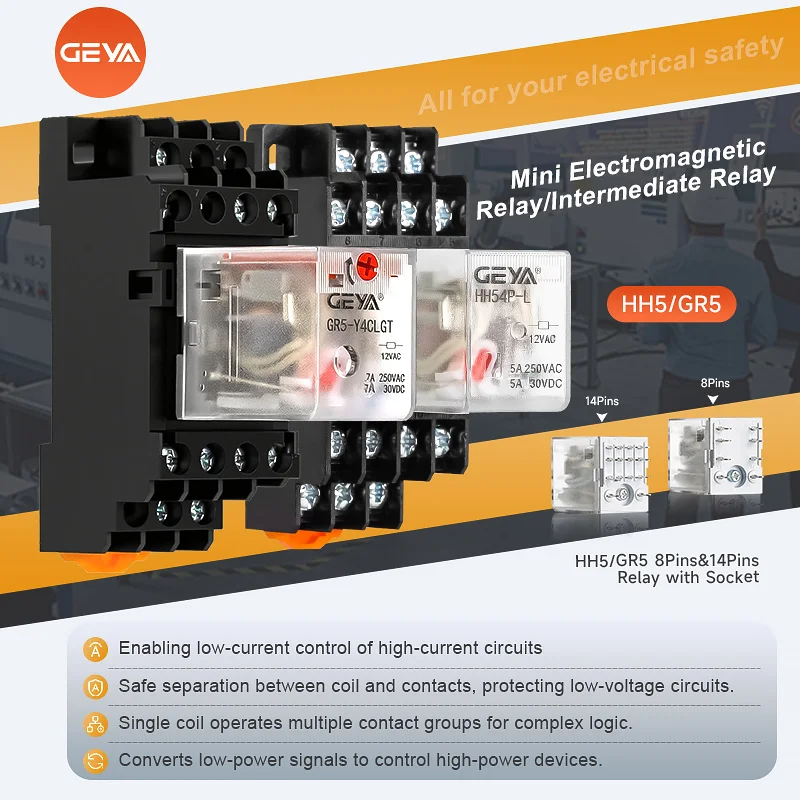 

GEYA GR5-Y2CLGT Electromagnetic Relay: Serialized, with Working Status LED Indicator & Optional Non-Polarized Input for DC Coil