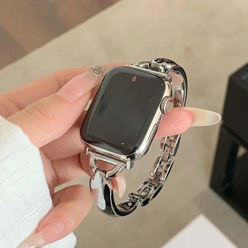 الفاخرة المعادن الفرقة ل iWatch الترا سلسلة 10 9 8 7 SE 6 5 4 سليم فتاة سوار للساعة أبل 38 مللي متر 40 41 42 44 45 46 49 مللي متر