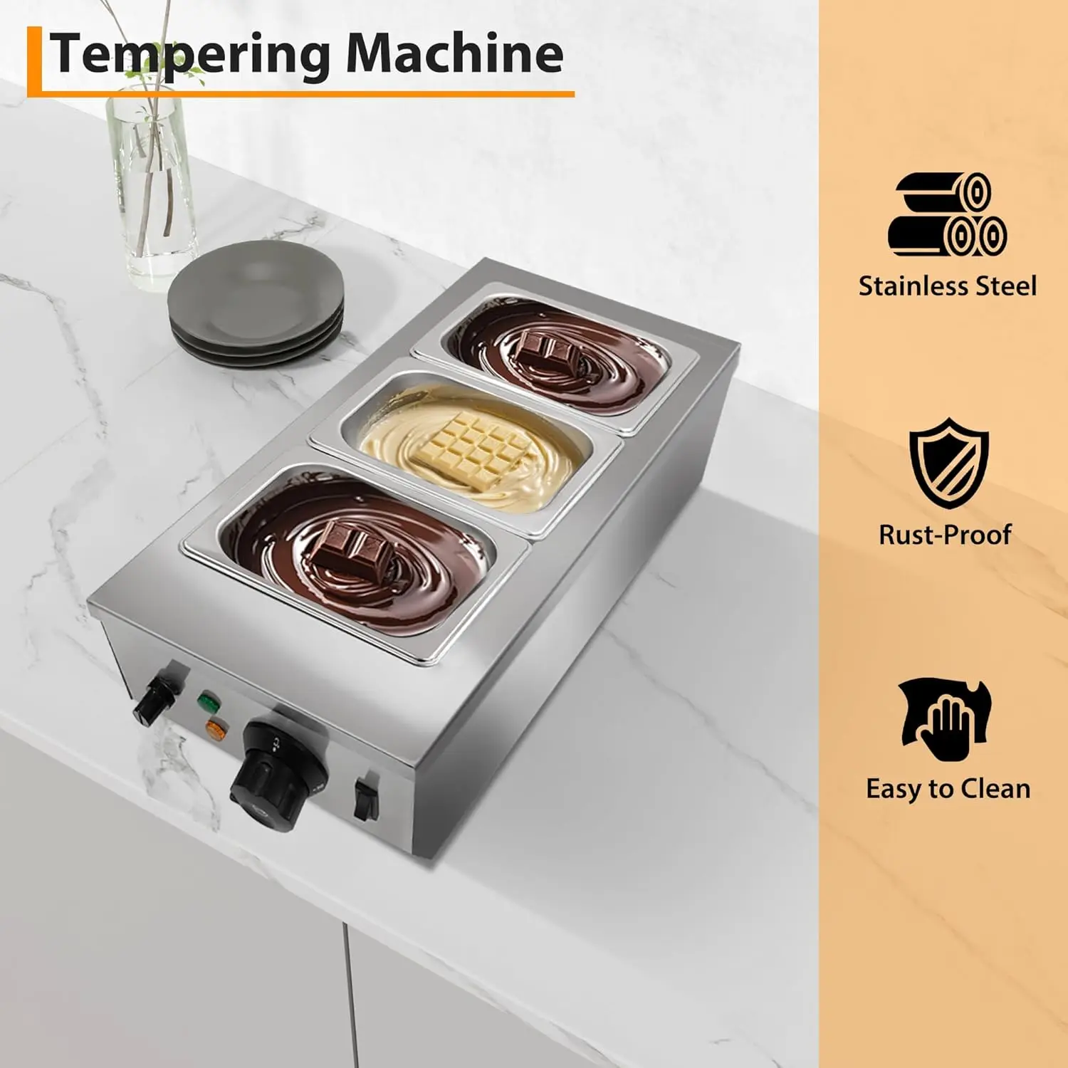 Chocolate Melting Machine, 2/3 Tanks Stainless Steel Chocolate Tempering Machine with Lid,Electric Commercial Food Warmer
