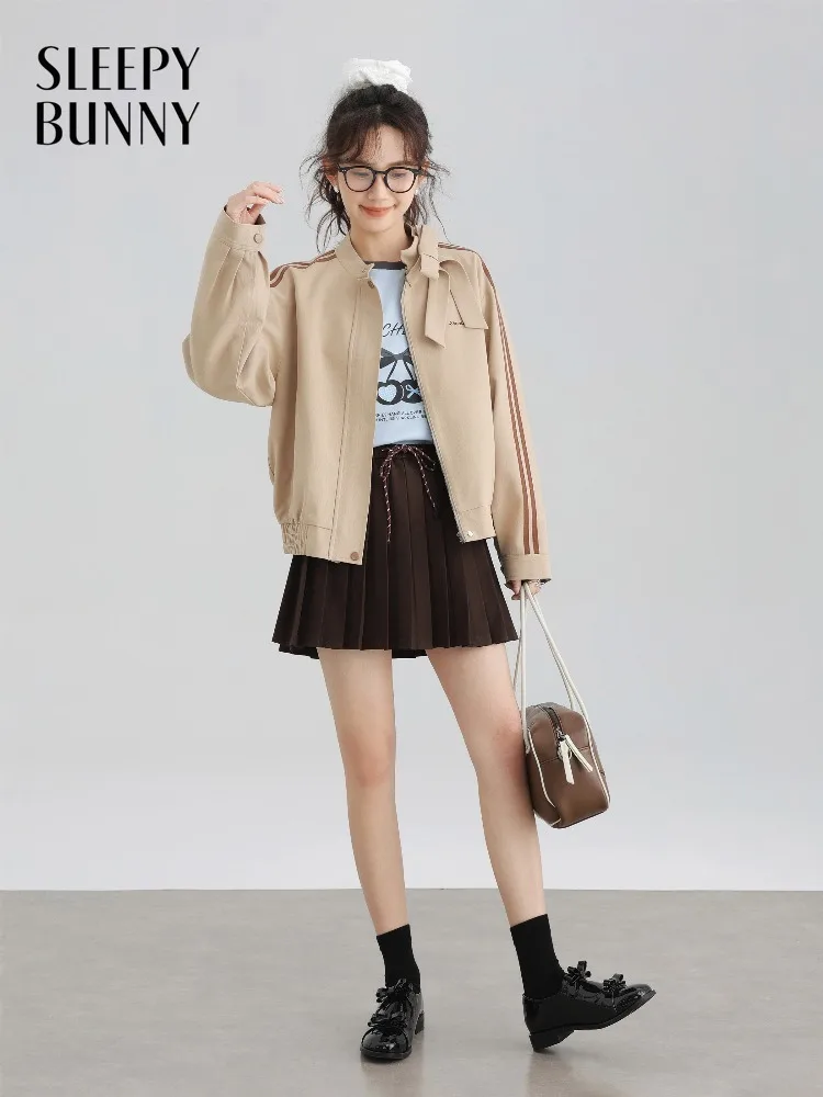 Women Casual Striped Bomber Jacket Loose Fit Drop Shoulder Spring Coat Sporty Zip Up Lady American Style Lightweight Outerwear