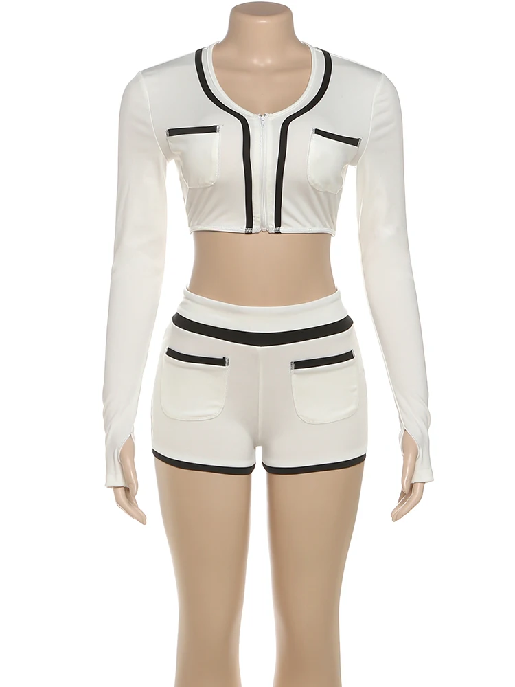 Macheda ストライプ 2 点セット女性ポケット装飾ジッパー O ネック長袖クロップトップス + エラスティックウエストシャツスキニーファッションスーツ