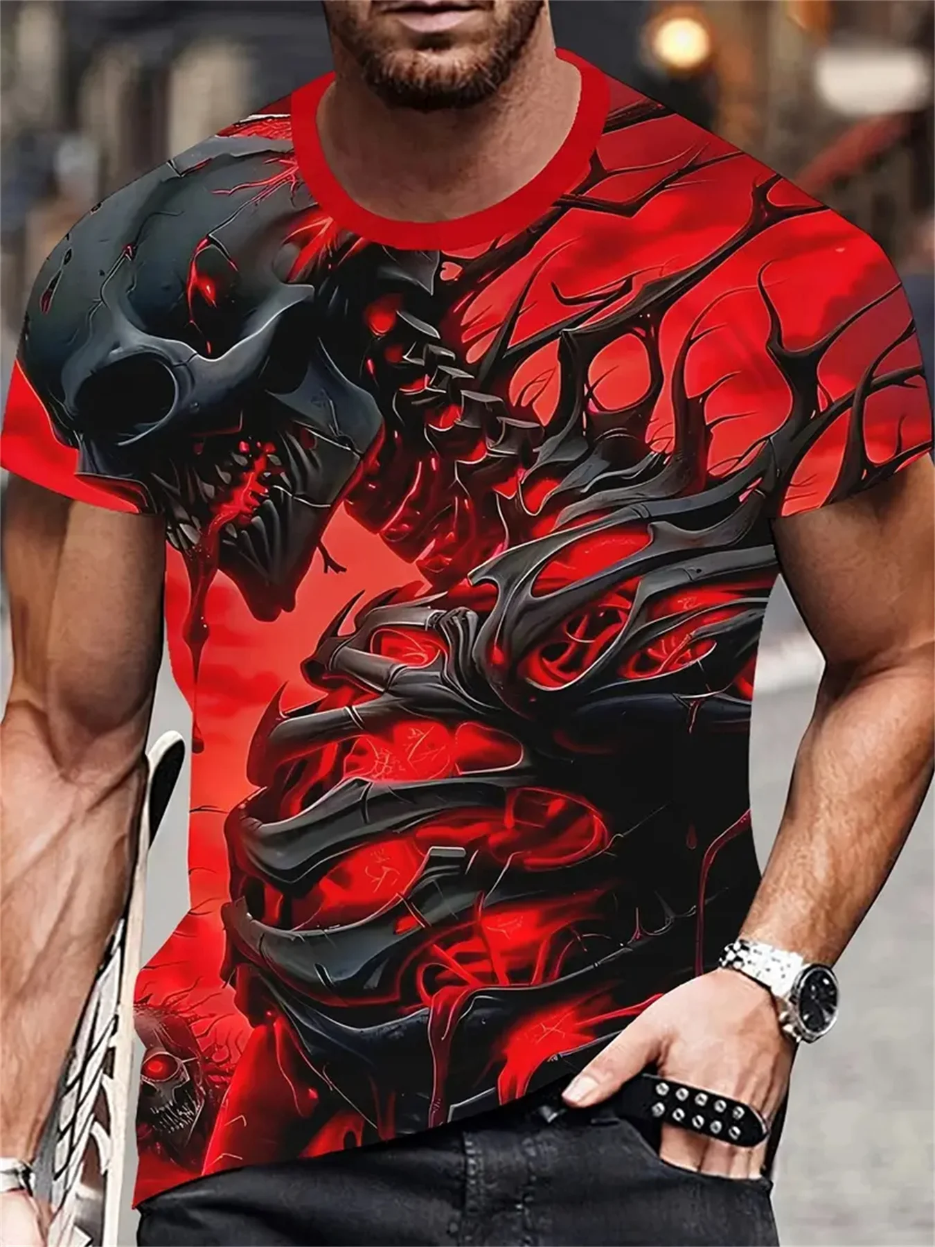 Halloween Skull 3D Print T-Shirt, Street Style Men's Casual Fashion Crew Neck Short Sleeve Top, Red and Black Skull Costume