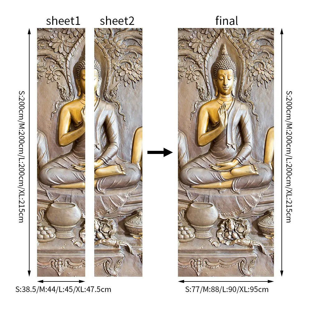 3D Retro Buddha Mural Printed Door Art Sticker Peel and Sticker Waterproof Bedroom Living Room Entrance Door Wrap Cover Decals