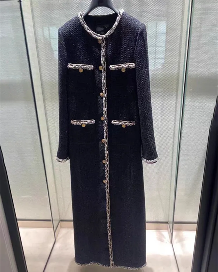 Customization European women's fashion 2026 spring new collection Long-sleeved single-button black tweed mid-length coat