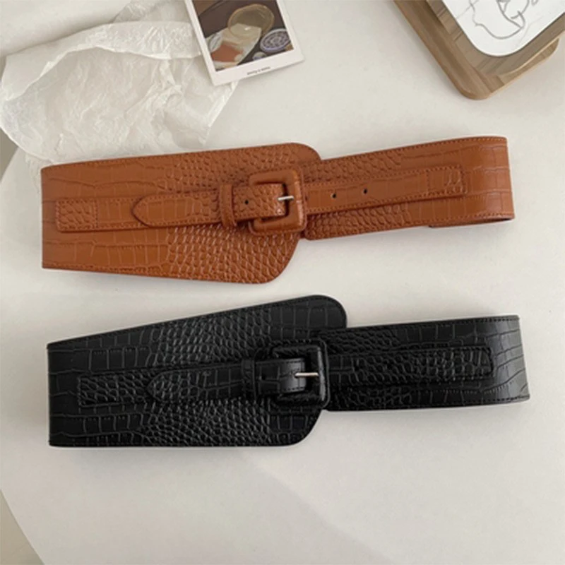 

Crocodile Pattern PU Leather Waist Belt Fashion Luxury Designer Brand Belts For Women Sweater Stretch Cummerbund Waist Seal New