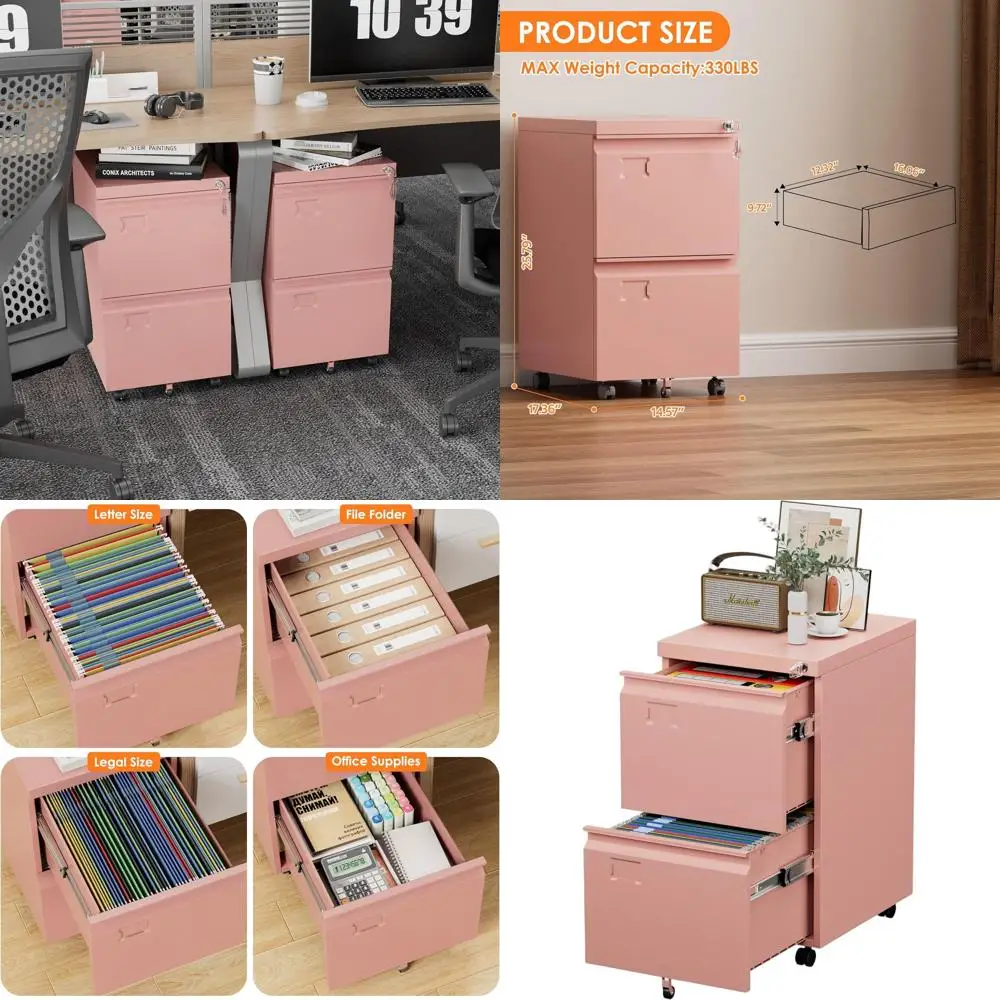 

Розовый мобильный шкафчик под стол с замком, 2 ящика для документов формата Letter/Legal/A4, держатель для визиток, требуется сборка
