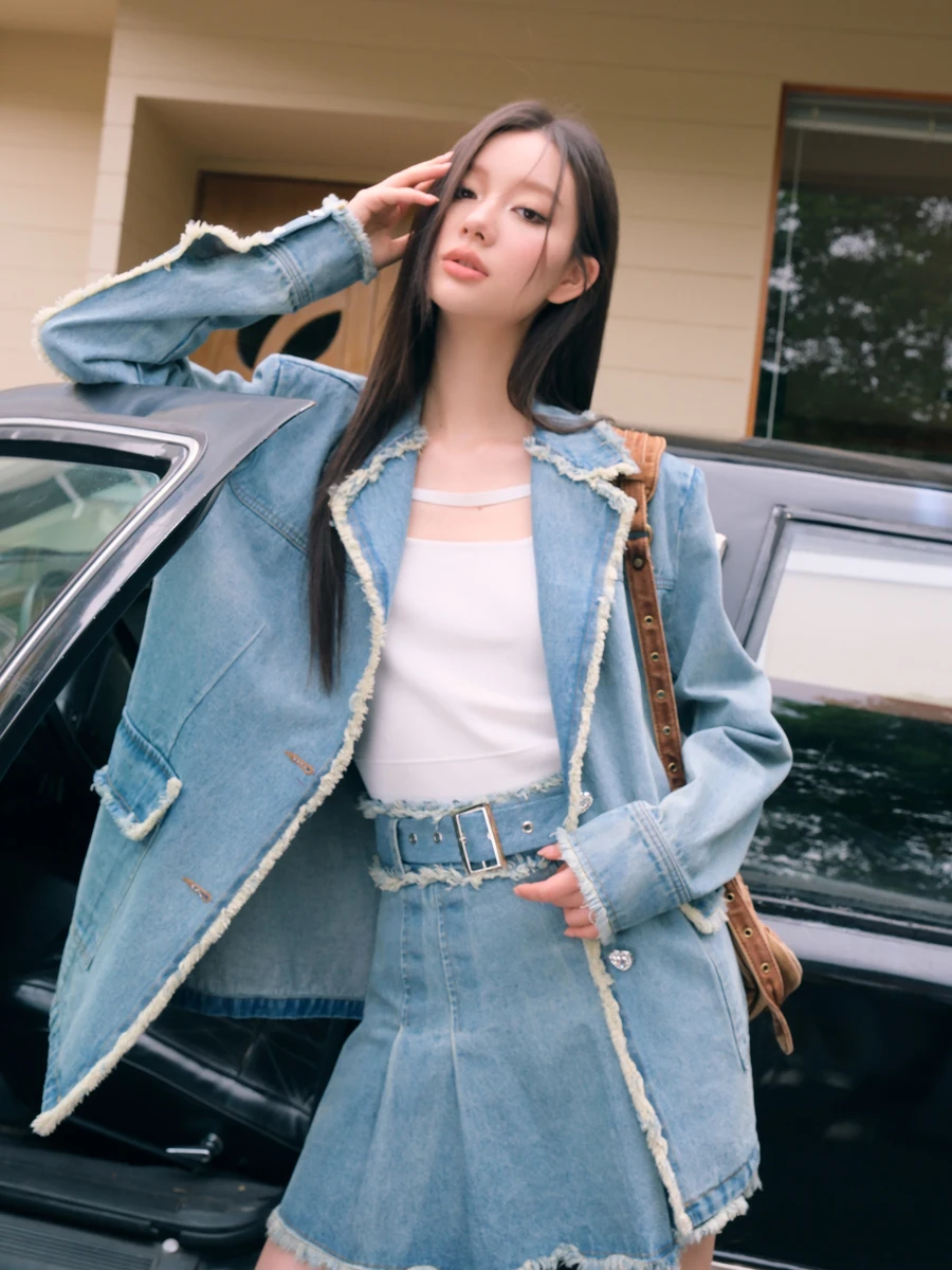 

Джинсовая юбка LREEDOM в стиле ретро с бахромой, А-силуэт, из хлопка, модный комплект